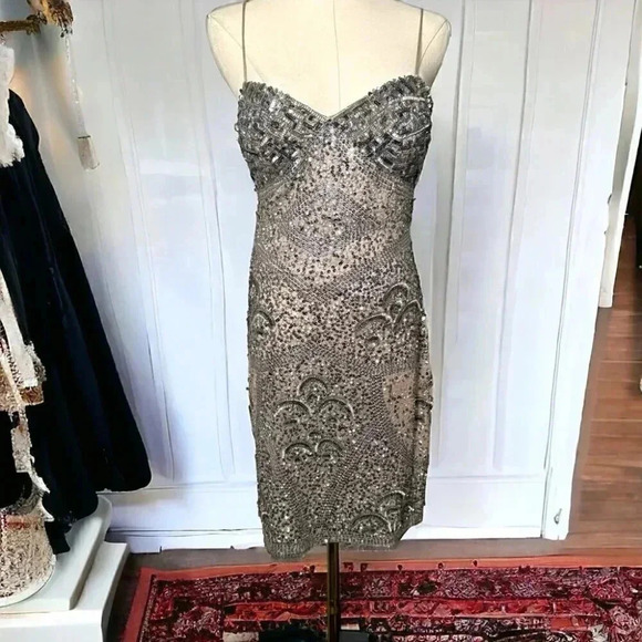 Aidan Mattox beaded cocktail dress 6 100% silk flapper glam boho Hollywood - Picture 1 of 11